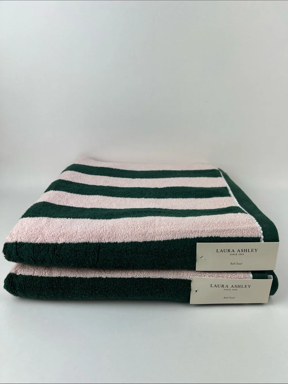 Laura Ashley Bath Towels Sunshine Stripe Pink Dark Green Soft Cotton 2 Pc NEW